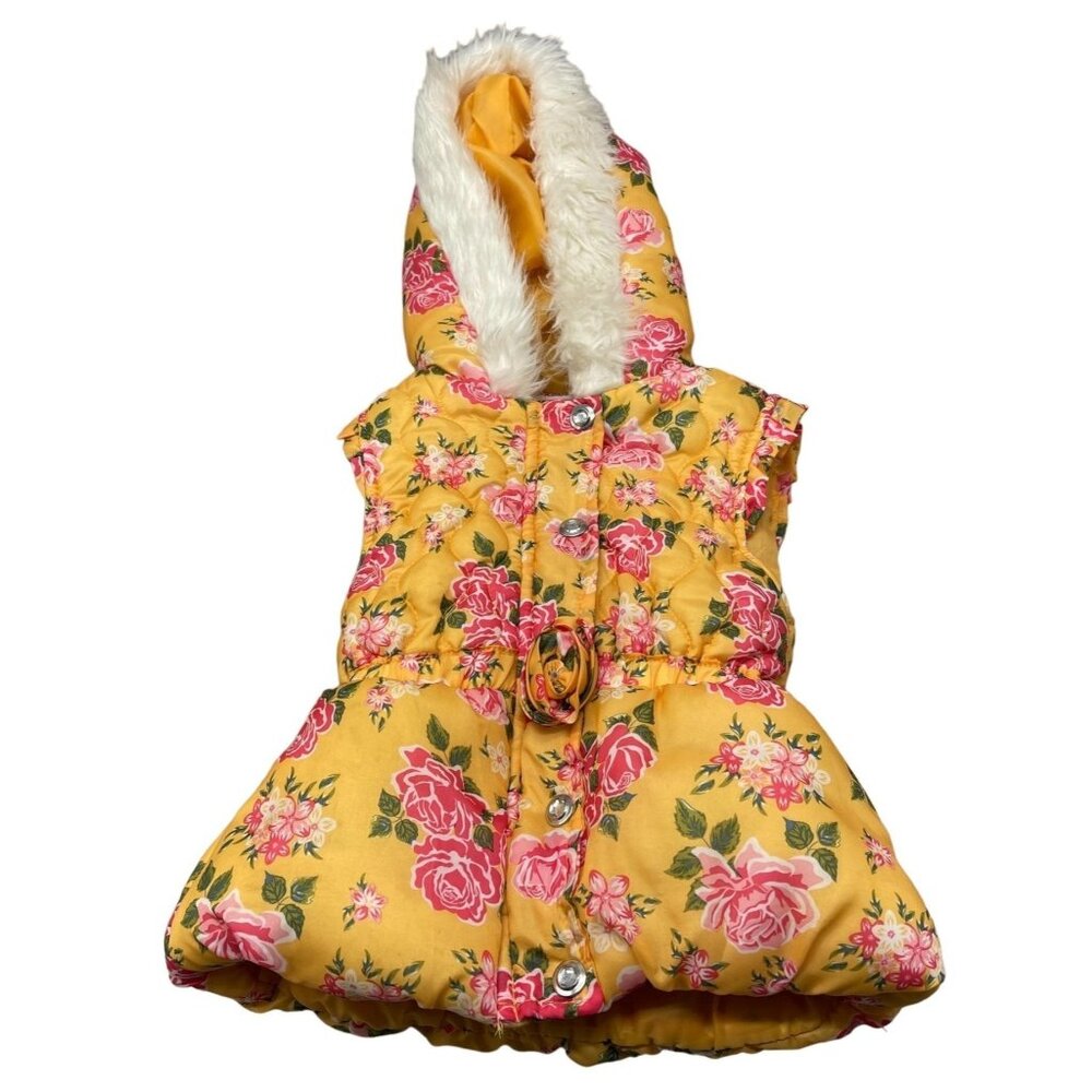 Little Lass vest yellow with pink and green foliage white faux fur hood READ